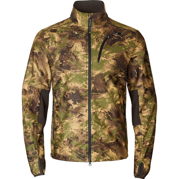 Härkila Deer Stalker camo WSP fleece jacket in AXIS MSP Forest camo, front view showing the zipped chest pocket and brown collar top