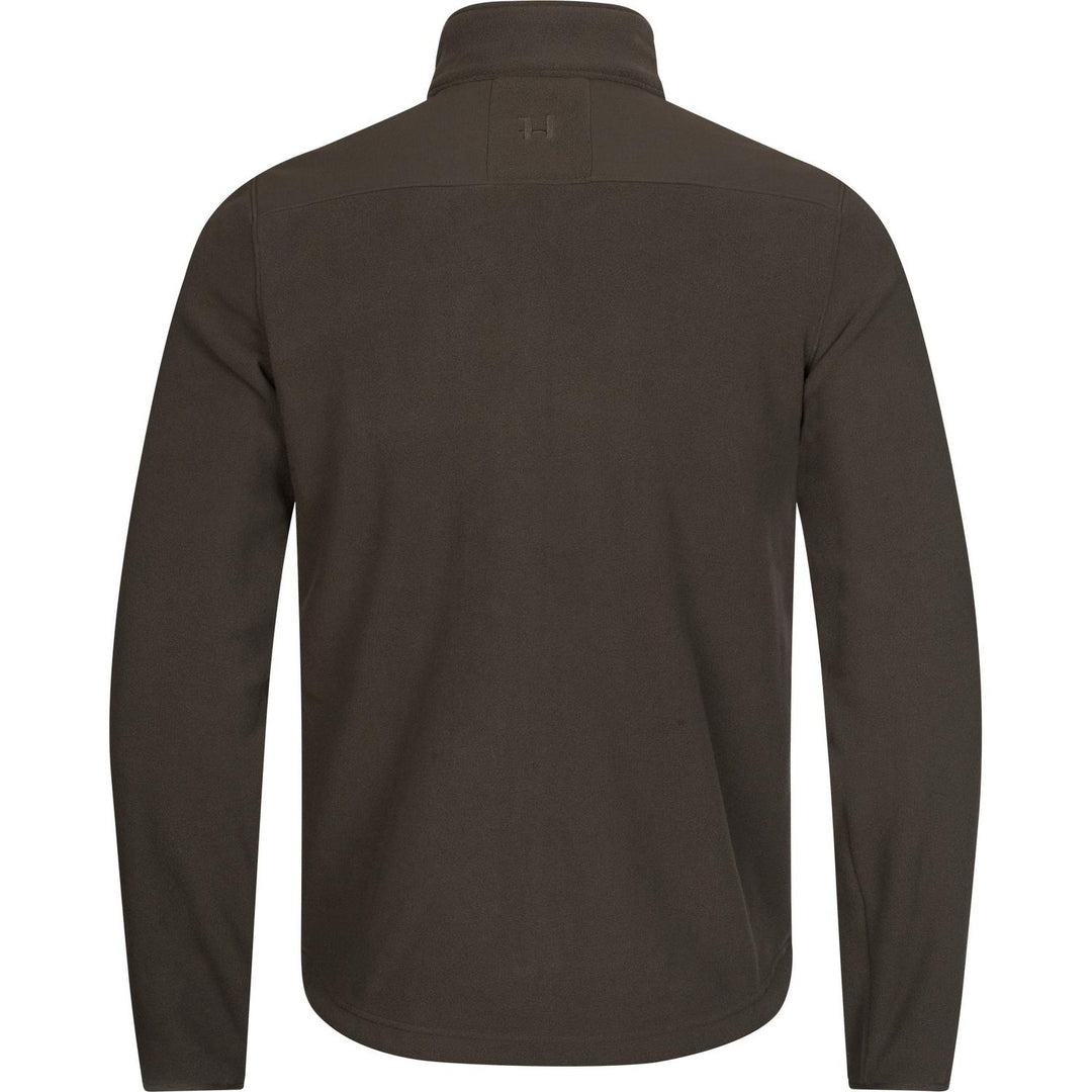 Harkila Fjell fleece jacket, back view in dark olive showing the yoke panel and small logo below the collar