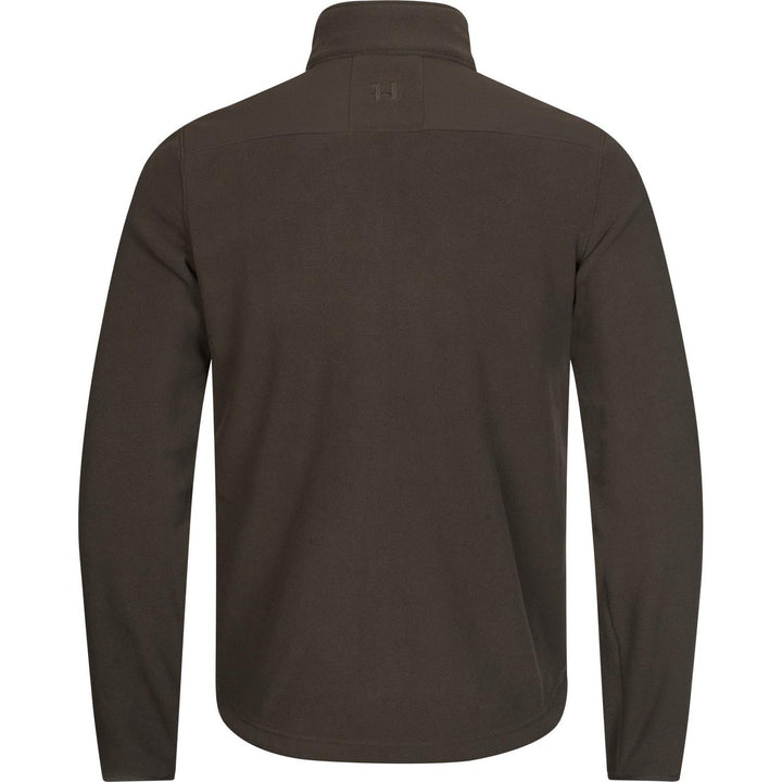 Harkila Fjell fleece jacket, back view in dark olive showing the yoke panel and small logo below the collar