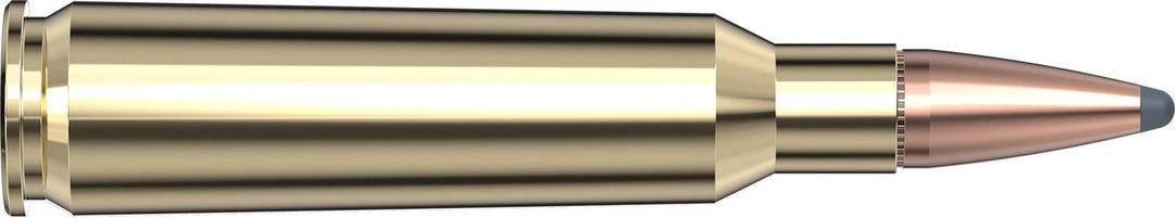 Loaded Hornady .250 Savage 100gr InterLock cartridge lying horizontally, brass case with a copper soft point bullet and exposed lead nose