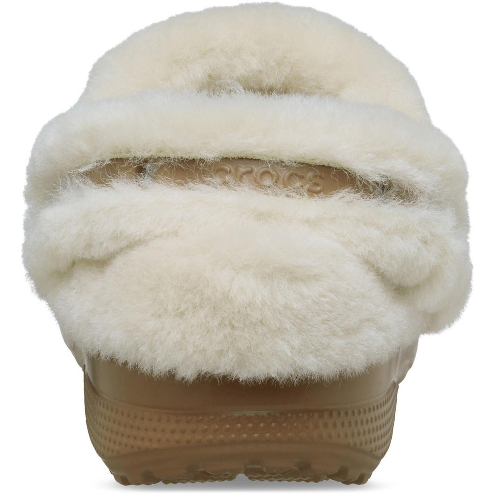 Rear close-up of the tan Unfurgettable Crocs clog, showing the cream faux-fur collar above the gum-tan moulded heel