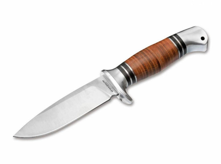Böker Magnum Leatherneck Hunter fixed blade knife, stacked leather handle with aluminium pommel, side view with blade pointing down-left