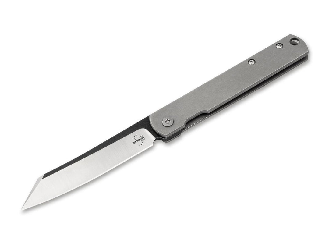 Böker Plus Zenshin Framelock folding knife with grey stonewashed titanium-look handle and black and satin wharncliffe blade, open side view