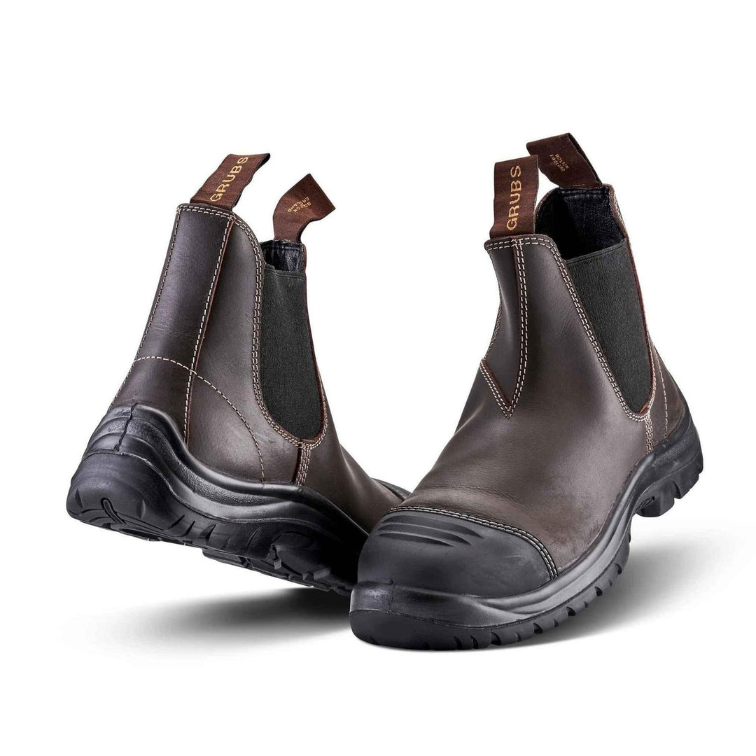Grubs Tornado S3 SRC leather safety dealer boots in dark brown, pair shown from the front three-quarter with black toe caps and elastic side panels
