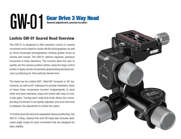 Leofoto GW-01 Three-Way Geared Head with Arca Quick Release Plate