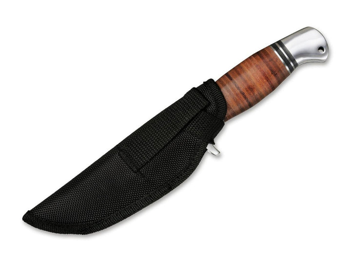 Böker Magnum Leatherneck Hunter knife with stacked leather handle shown in its black nylon sheath