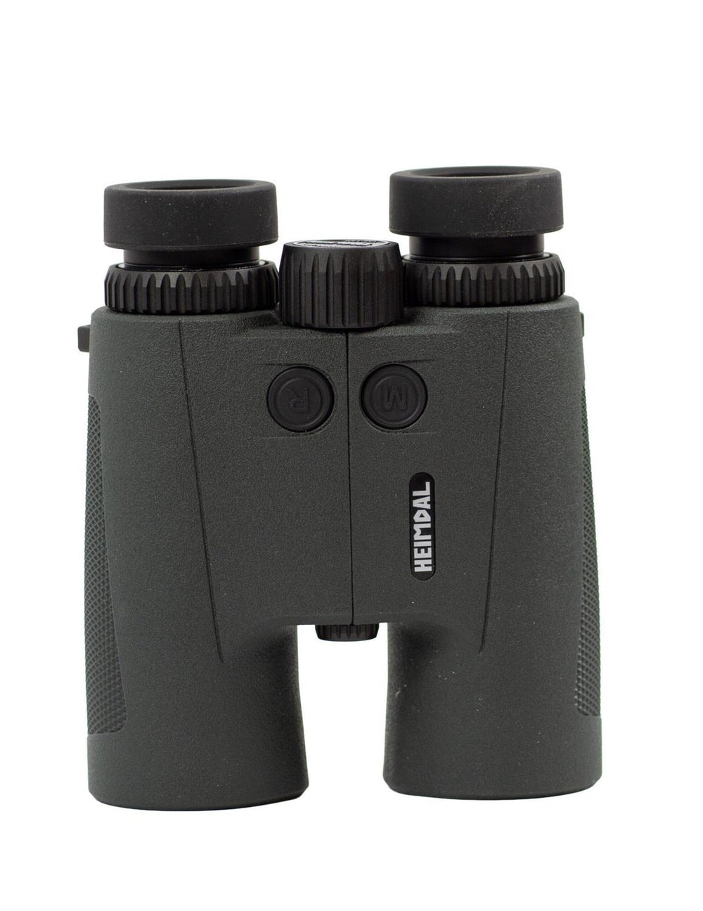 Heimdal binoculars in dark grey armour seen from the eyepiece end, showing the twin twist-up eyecups, dioptre rings and control buttons on the bridge
