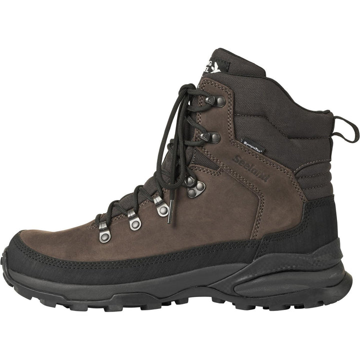 Seeland Enduro Explore Mid hunting boot, single brown leather boot side view with black rubber sole