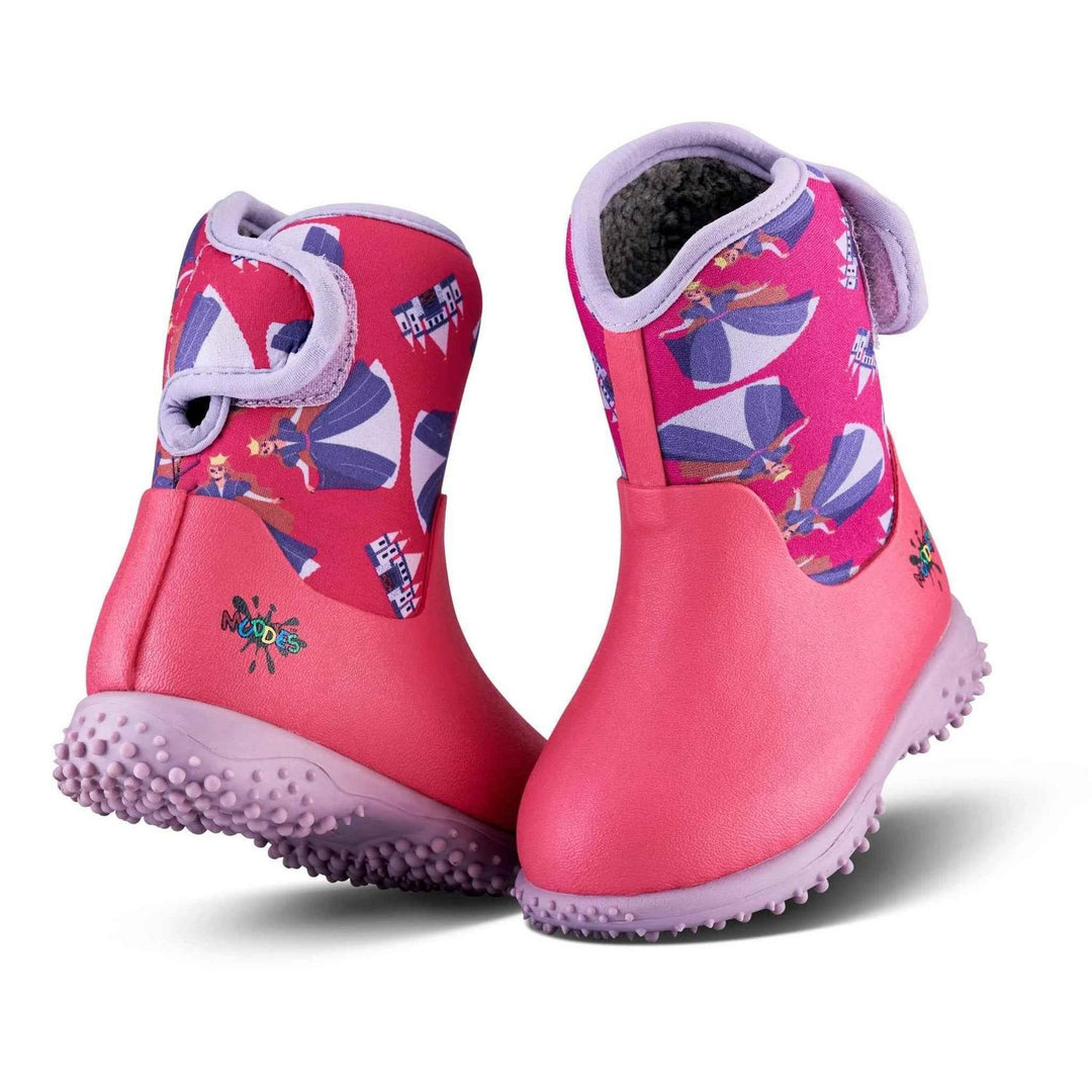 Grubs Muddies Puddle 5.0 toddler wellington boots in pink with butterfly print upper and lilac trim and sole, pair three-quarter view