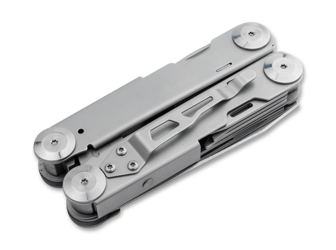 Böker Plus Specialist Pro multitool folded closed, reverse side showing the pocket clip