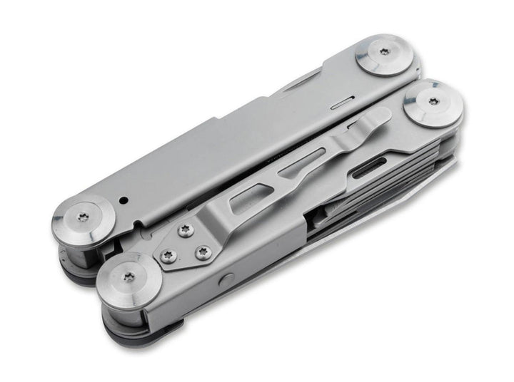 Böker Plus Specialist Pro multitool folded closed, reverse side showing the pocket clip