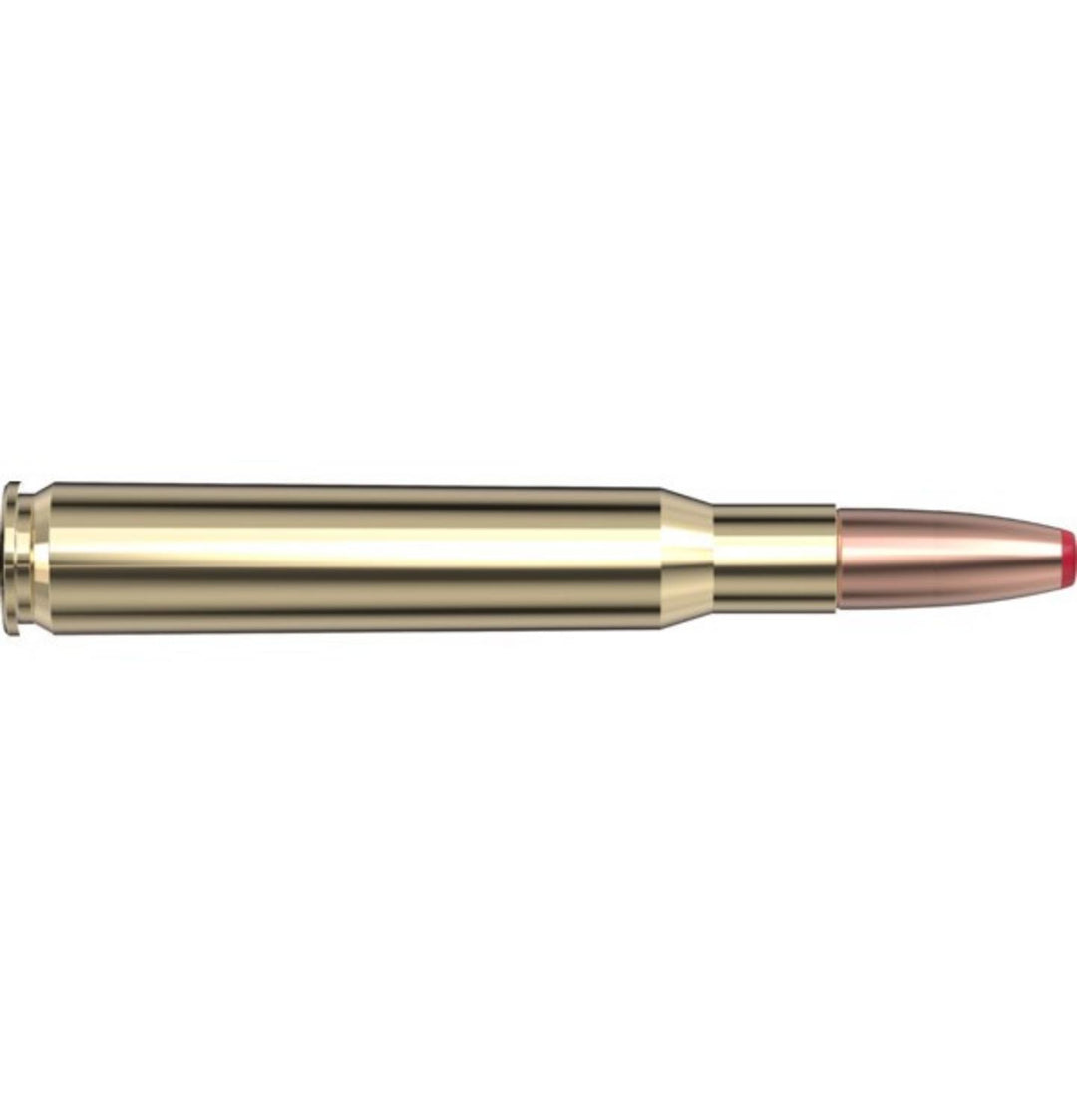 Hornady .30-06 Springfield 150gr ECX cartridge, side-profile render of the brass case with a copper monolithic bullet and red polymer tip, pointing right on white