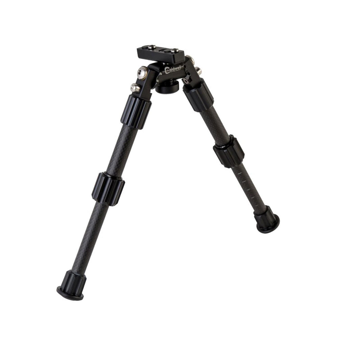 Caldwell AccuMax M-LOK KeyMod bipod, 9-13 inch, standing with both black legs extended and splayed, three-quarter view with the mount head uppermost