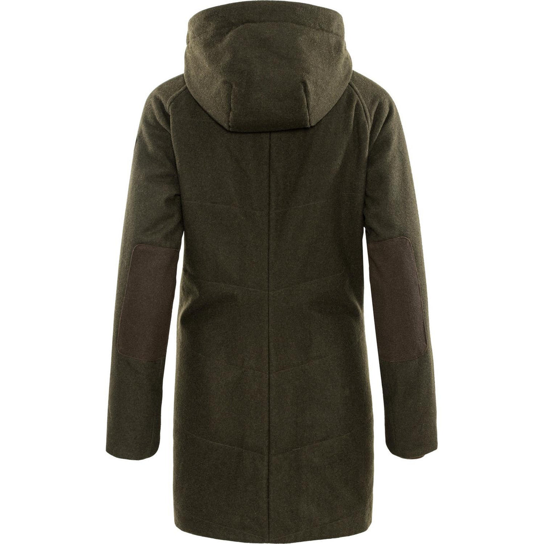 Härkila Metso Winter women's jacket seen from the rear, showing the hood, plain back panel and darker contrast elbow patches on the sleeves.