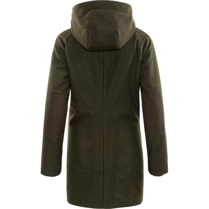 Härkila Metso Winter women's jacket seen from the rear, showing the hood, plain back panel and darker contrast elbow patches on the sleeves.