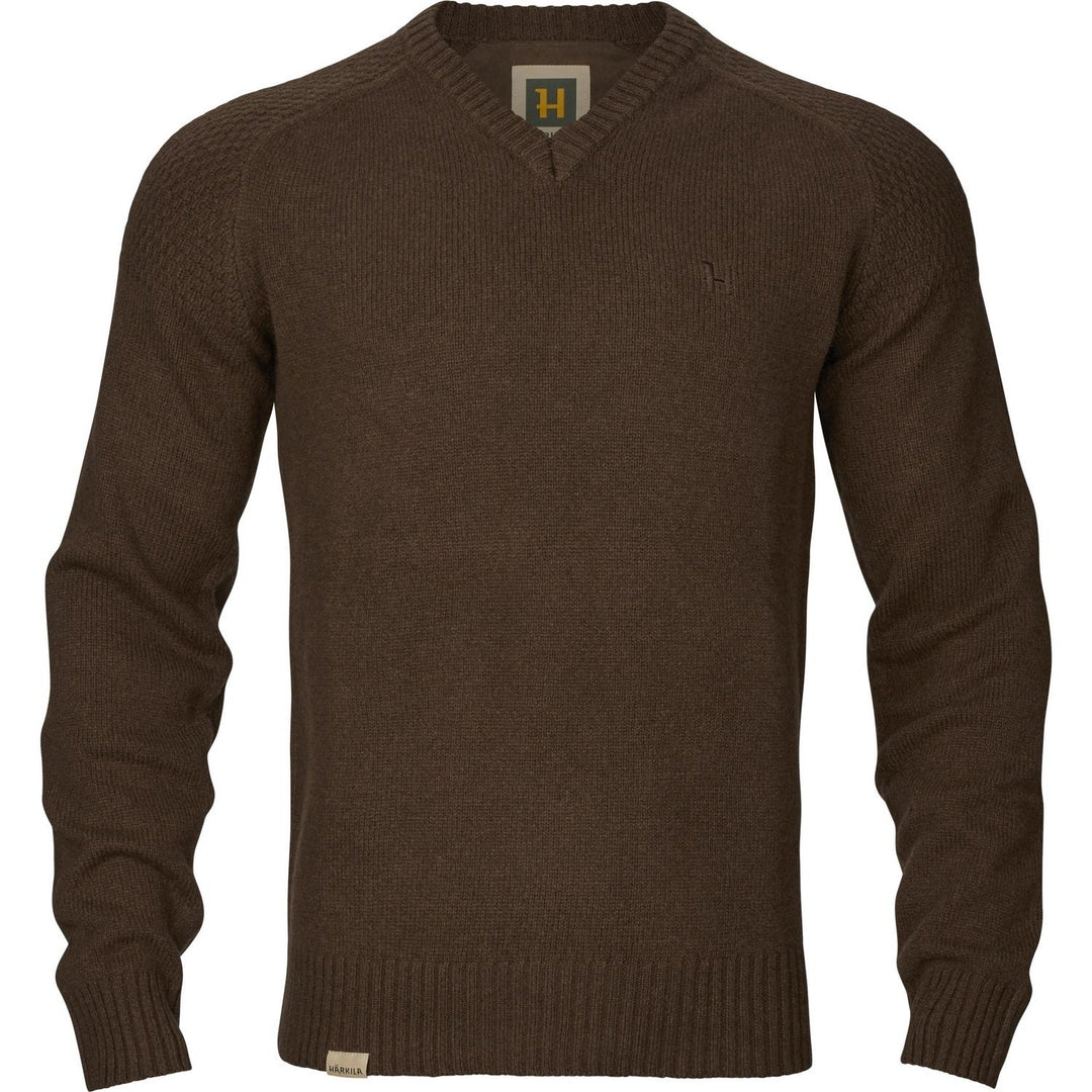 Harkila Vincent merino v-neck pullover in demitasse brown – view 10: front view of the jumper on an invisible mannequin