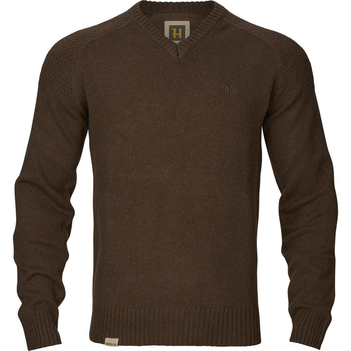 Harkila Vincent merino v-neck pullover in demitasse brown – view 10: front view of the jumper on an invisible mannequin