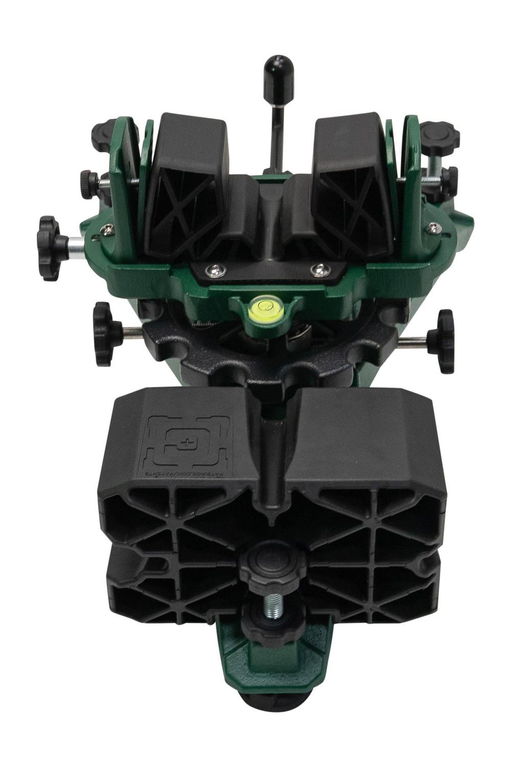 Caldwell Rock 2 rest viewed head-on from the front, showing the black V-cradle jaws, spirit level, twin windage thumbwheels and the black rear rest sat below