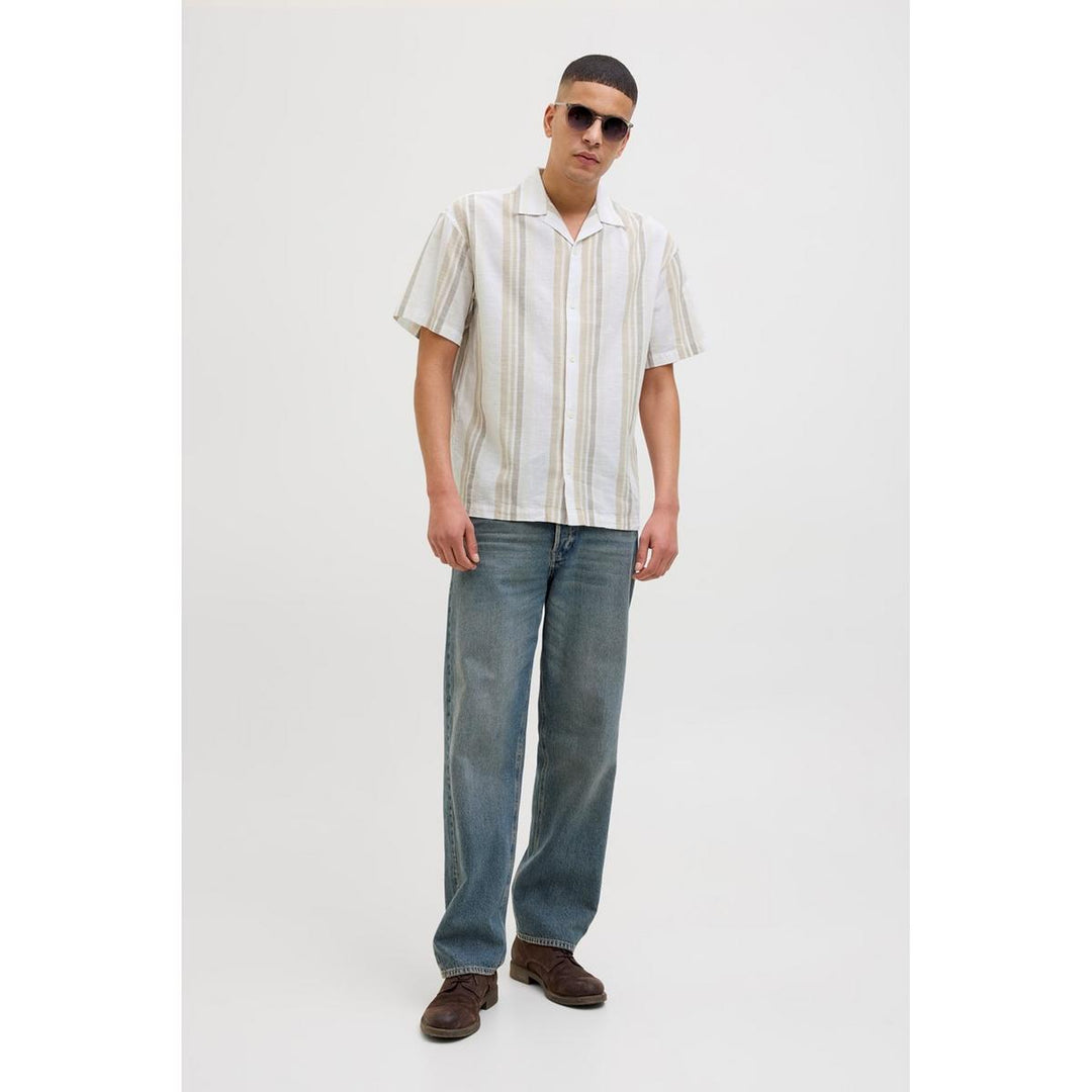 Jack & Jones Jack & Jones Premium revere collar linen shirt in White with Green stripe Travertine