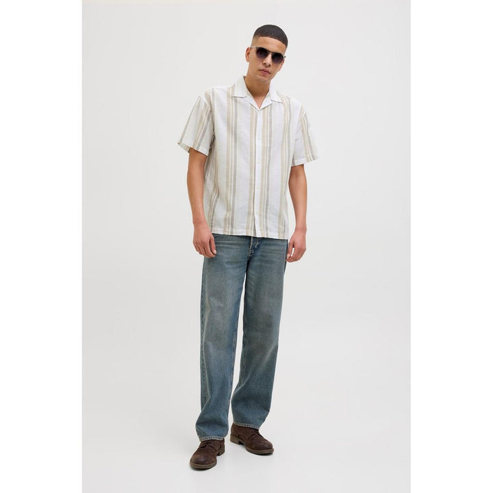 Jack & Jones Jack & Jones Premium revere collar linen shirt in White with Green stripe Travertine