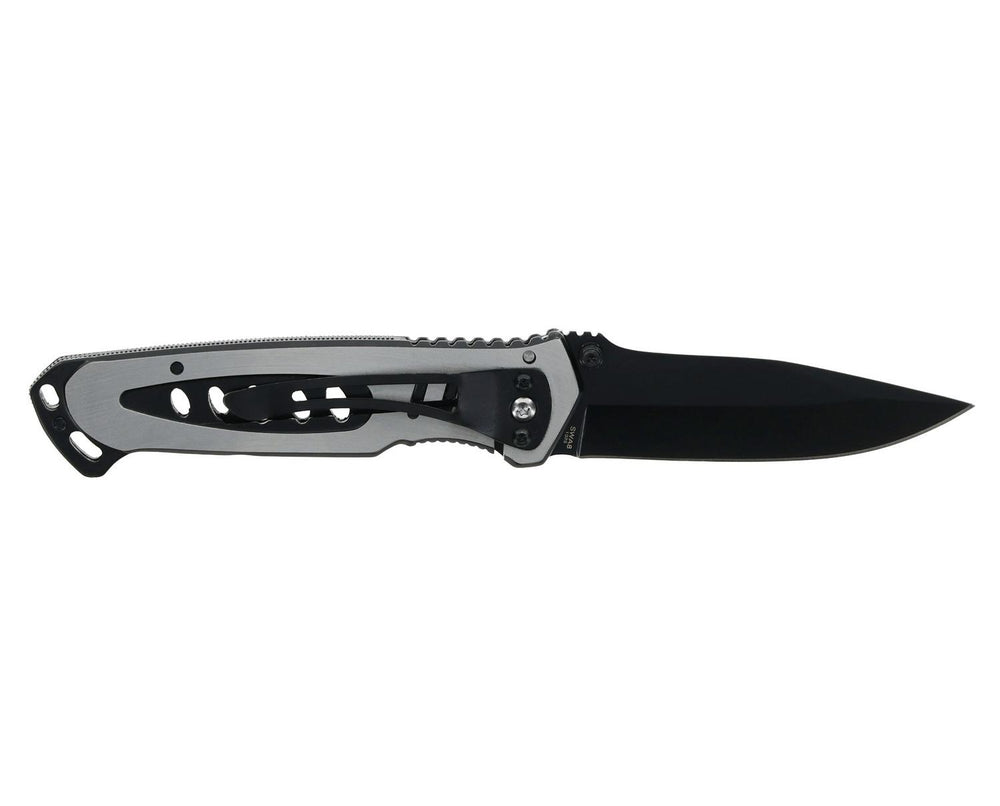 Smith & Wesson Extreme Ops folding knife open and laid horizontally, black blade pointing right with the silver cut-out handle and thumb studs visible
