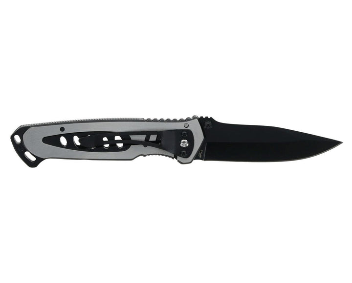 Smith & Wesson Extreme Ops folding knife open and laid horizontally, black blade pointing right with the silver cut-out handle and thumb studs visible