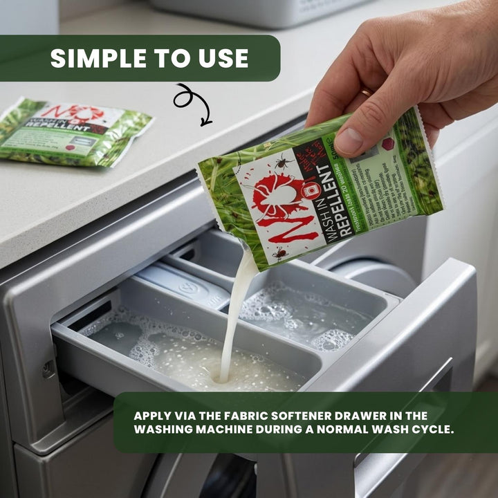 'Simple to Use' graphic: a hand adding a NO Tick sachet to a washing-machine fabric-softener drawer during a normal wash
