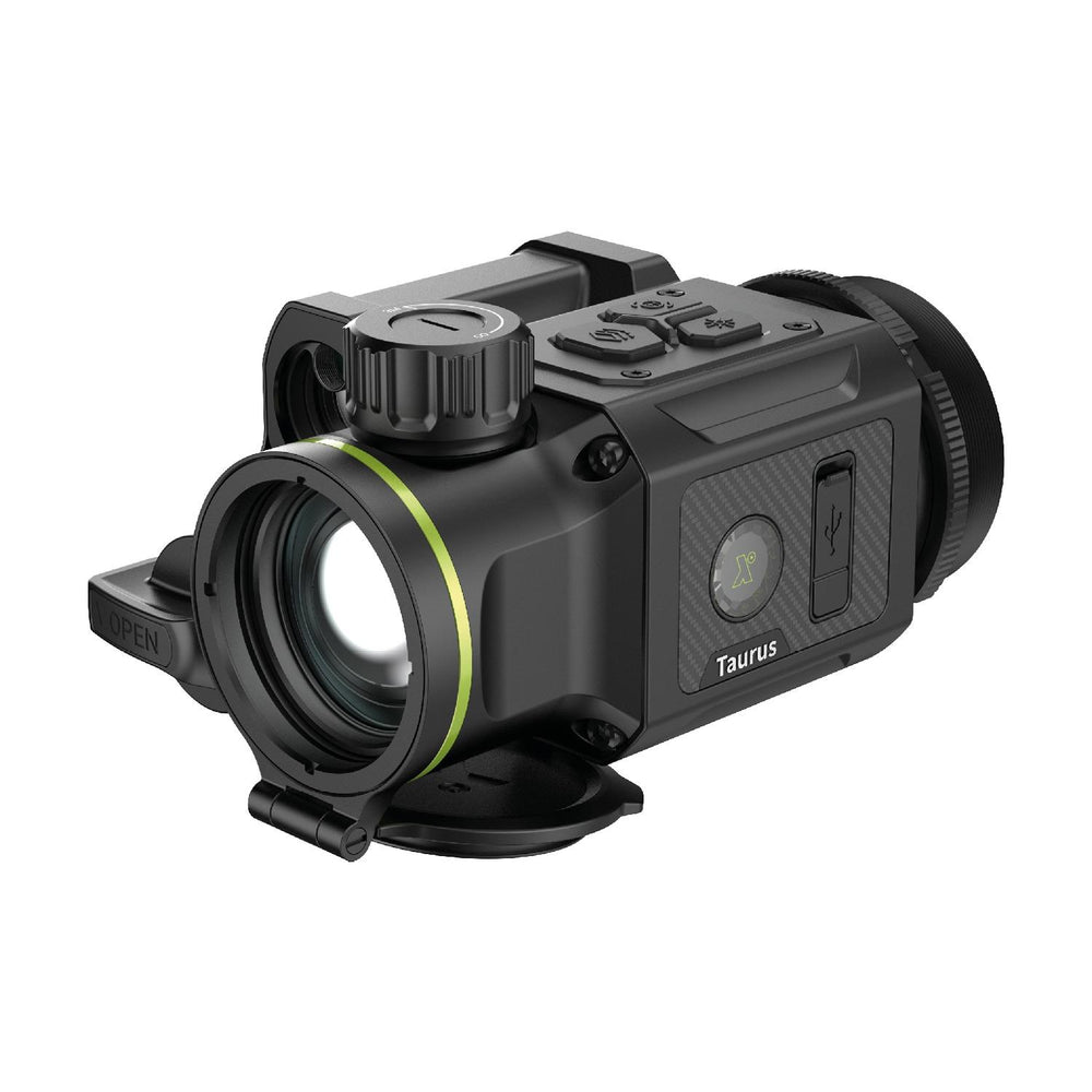 Pixfra Taurus T650 LRF clip-on thermal, front view into the eyepiece showing the ribbed scope adaptor collar and Taurus badge