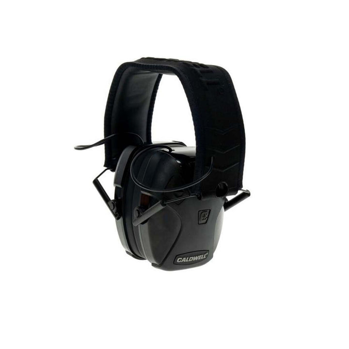 Caldwell E-MAX Pro BT electronic earmuffs in black, shown folded at a three-quarter angle with the padded headband and CALDWELL branding on the cup