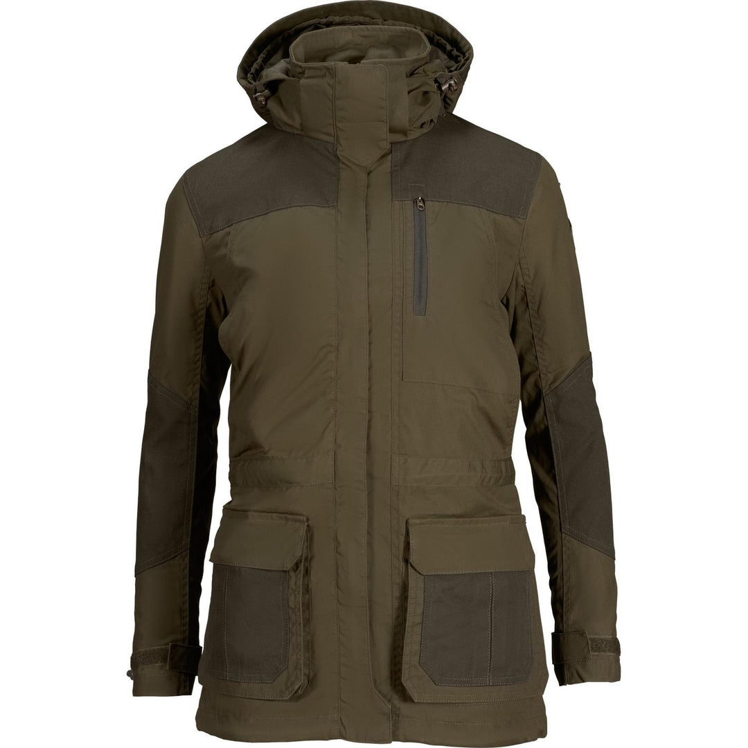 Seeland Key-Point Lady jacket in olive green, ghost-mannequin front view with the hood down, full-length zip, zipped chest pocket and flapped lower pockets.