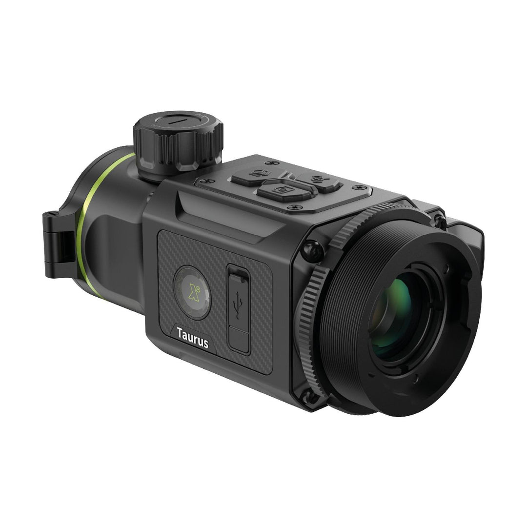Pixfra Taurus T650 thermal attachment, rear three-quarter view showing the USB-C port cover, control buttons and focus dial
