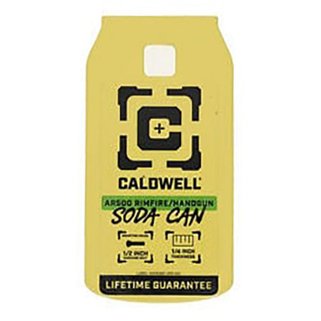 Caldwell AR500 rimfire and handgun soda can target, yellow-painted steel can-shaped silhouette printed with the Caldwell logo and thickness options