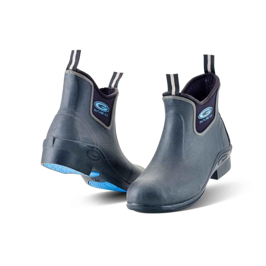 Grubs Outline 5.0 women's equestrian ankle boots in black and grey with blue sole accents, pair shown from the front three-quarter