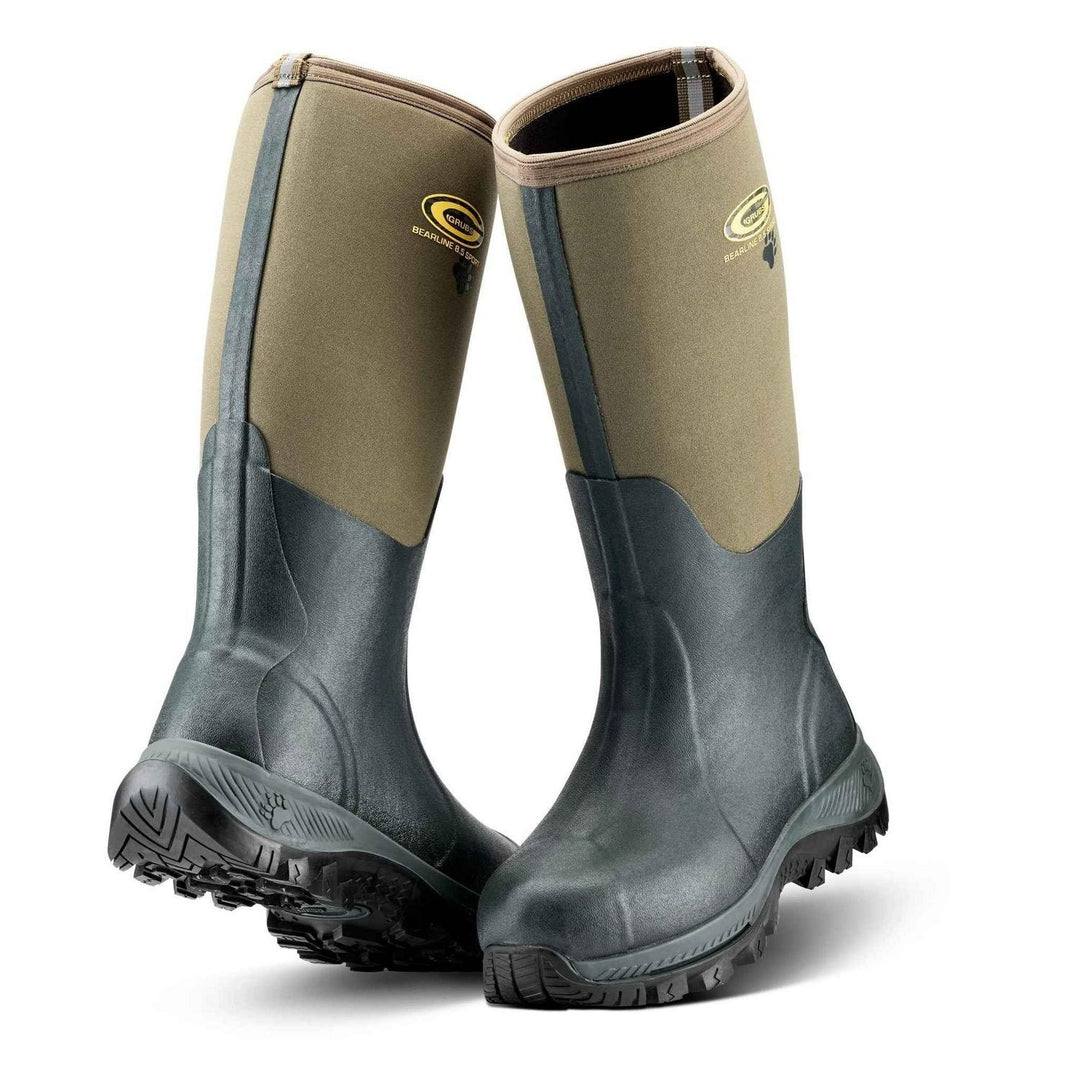 Grubs Bearline 8.5 extreme cold insulated wellington boots in olive green neoprene with dark grey rubber foot, pair shown from the front three-quarter