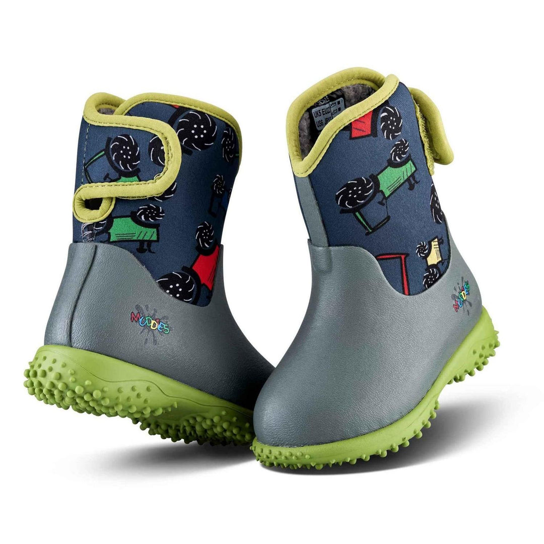 Grubs Muddies Puddle 5.0 toddler wellington boots in grey with navy print upper, green trim and green sole, pair three-quarter view