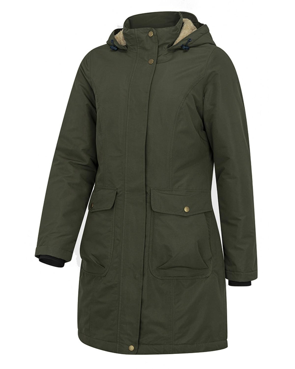 Hoggs of Fife Walker ladies long coat in olive green, front view on an invisible mannequin with the hood up, sherpa-lined collar and two large flap pockets.