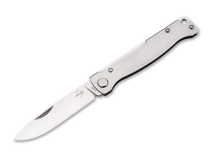 Böker Plus Atlas Stonewash slipjoint folding knife with stonewashed stainless steel handle and drop-point blade, open side view