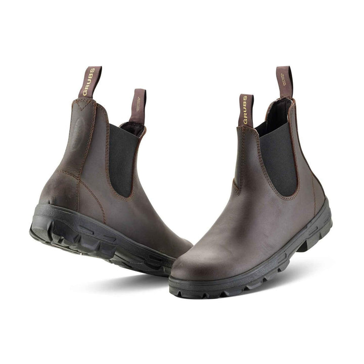 Grubs Whirlwind leather dealer work boots in dark brown, pair shown from the front three-quarter with black elastic panels and pull tabs