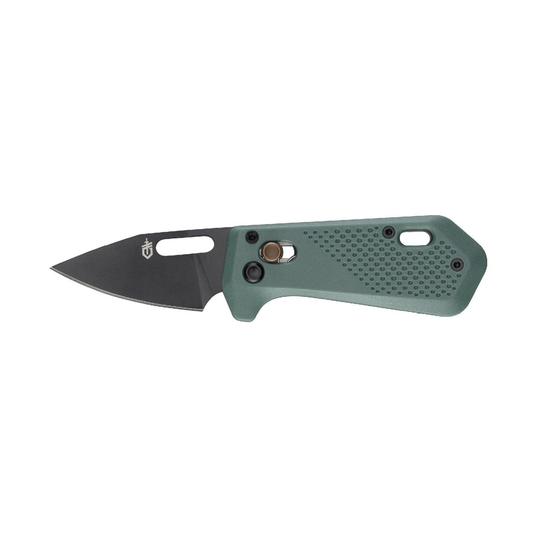 Gerber Nectar folding clip knife in Baltic Haze sage green, open with the short black-coated drop-point blade to the left