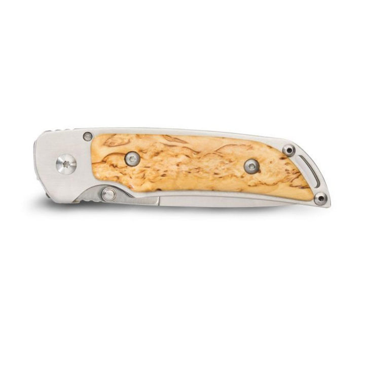 Marttiini MFK-CB folding knife closed, side view showing the stainless steel frame and the curly-birch handle inlay.