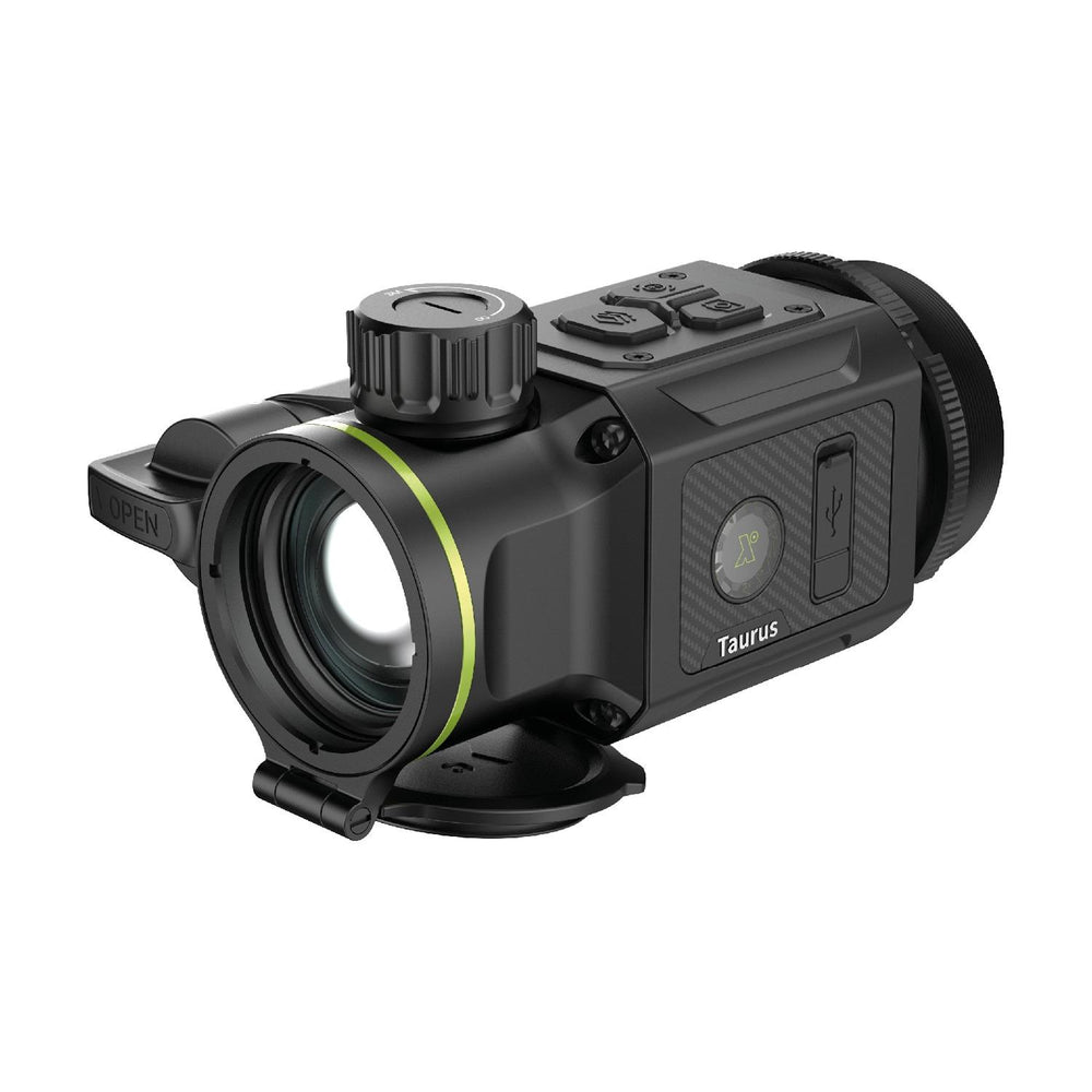 Pixfra Taurus T650 clip-on thermal, front three-quarter view looking into the eyepiece with the ribbed adaptor collar and Taurus badge visible