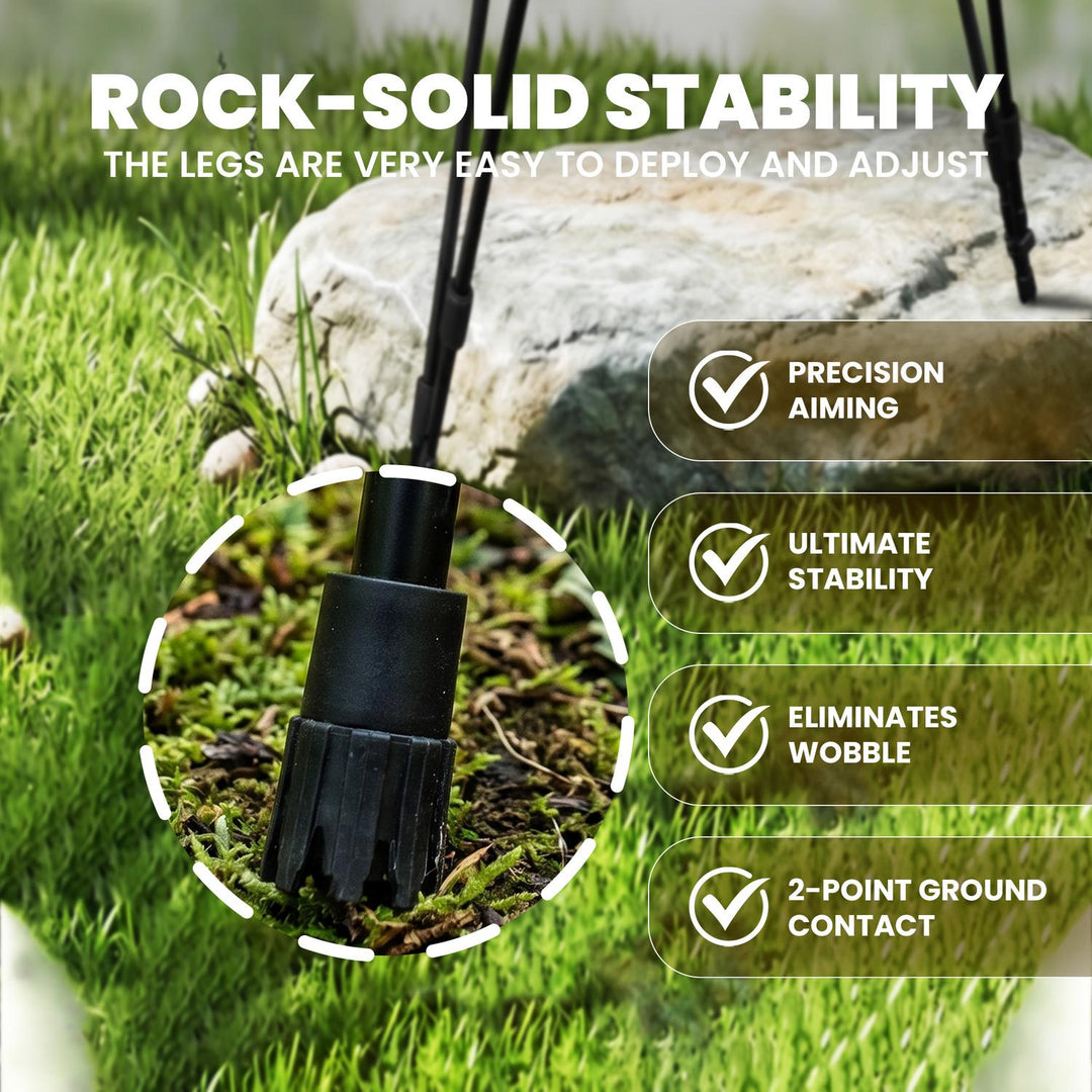 'Rock-Solid Stability' infographic showing the BushWear shooting stick legs planted in grass, with notes on precision aiming, stability and ground contact