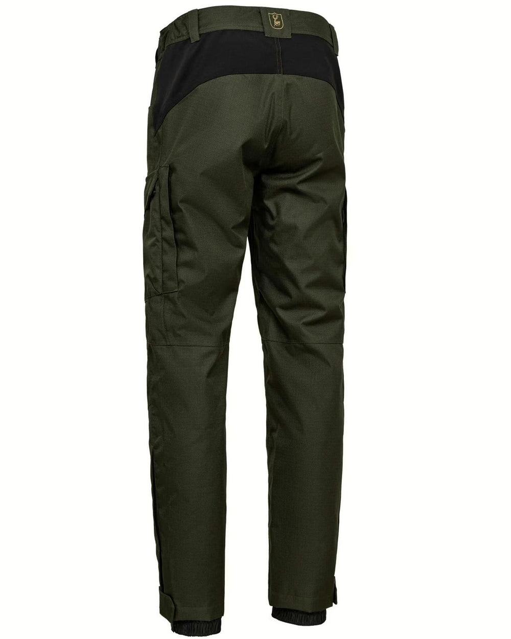 Deerhunter Recon Dura-Tex trousers, rear view in olive green showing the black reinforced seat panel and cargo pockets.