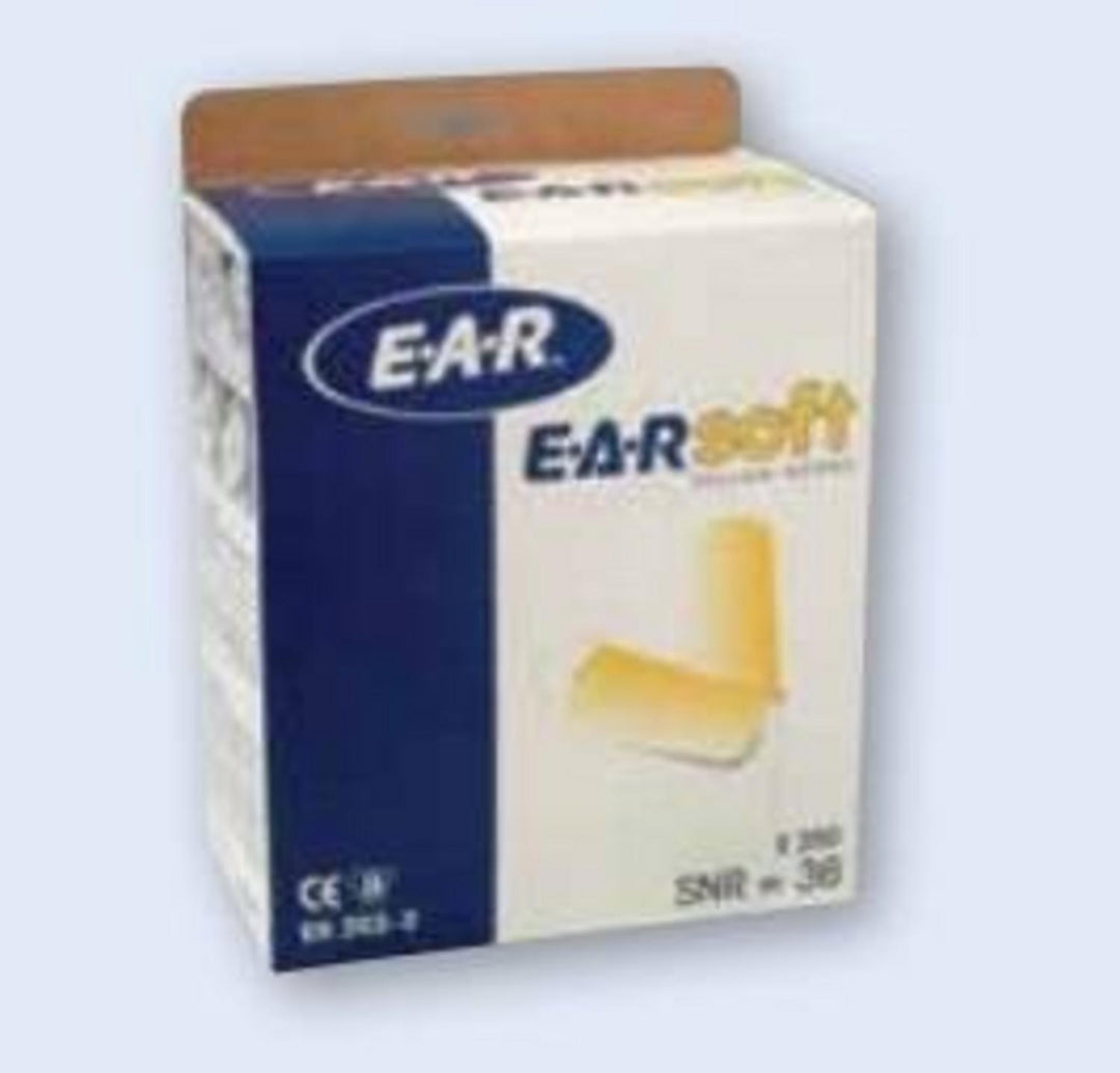 Box of 250 pairs of Peltor E-A-Rsoft Yellow Neons foam earplugs in blue and white retail packaging