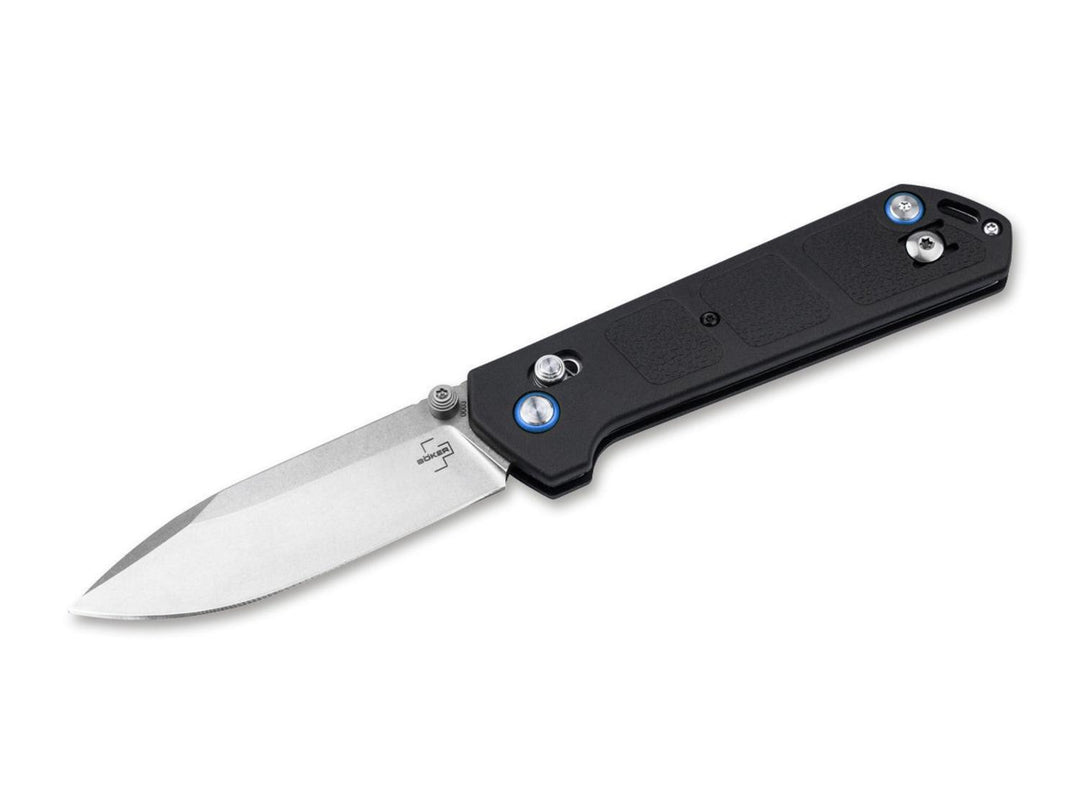 Böker Plus Kihon DC 2.0 folding knife with black G10 handle, satin drop-point blade open, side view on white