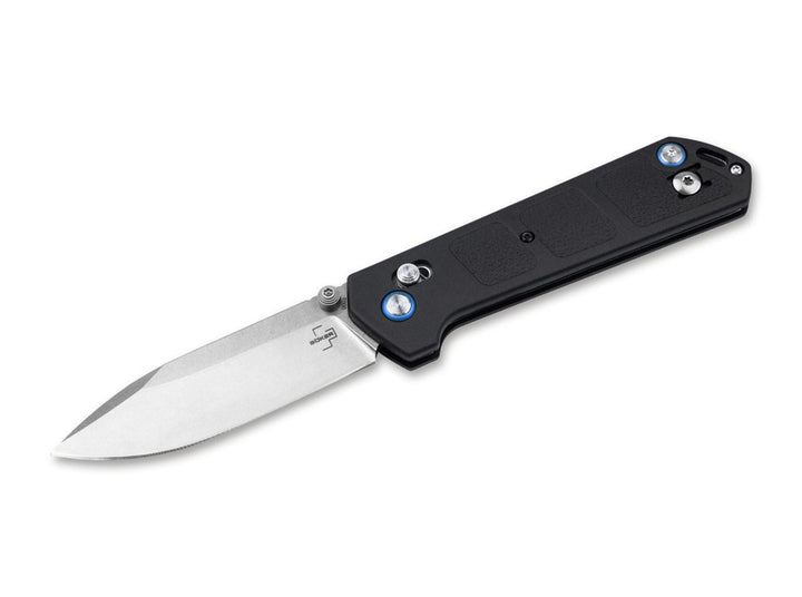 Böker Plus Kihon DC 2.0 folding knife with black G10 handle, satin drop-point blade open, side view on white