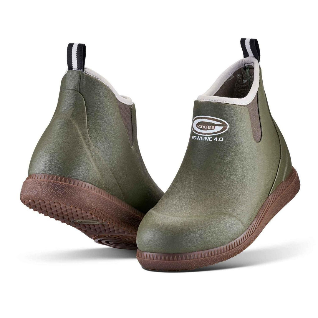 Grubs Bowline 4.0 insulated ankle wellington boots in olive green with brown sole and cream lining, pair shown from the front three-quarter