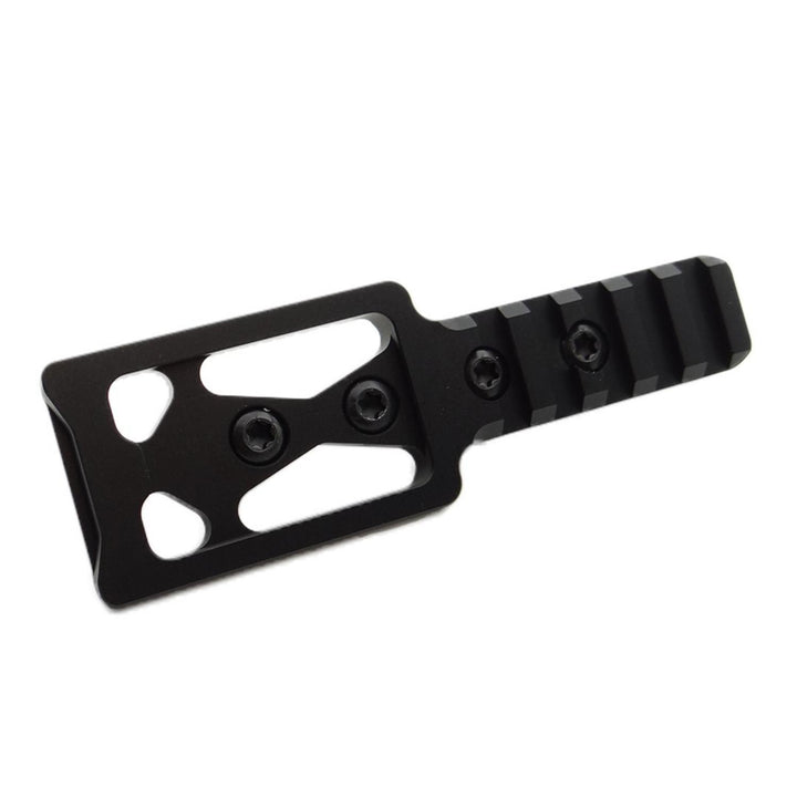Nieload front ARCA Swiss and Picatinny M-LOK adaptor, black skeletonised alloy bracket with a short Picatinny section, side view