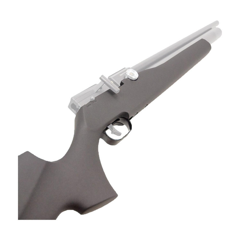 FX Dreamline Classic stock in grey shown with a ghosted rifle action and barrel outlined in position, illustrating the fit.