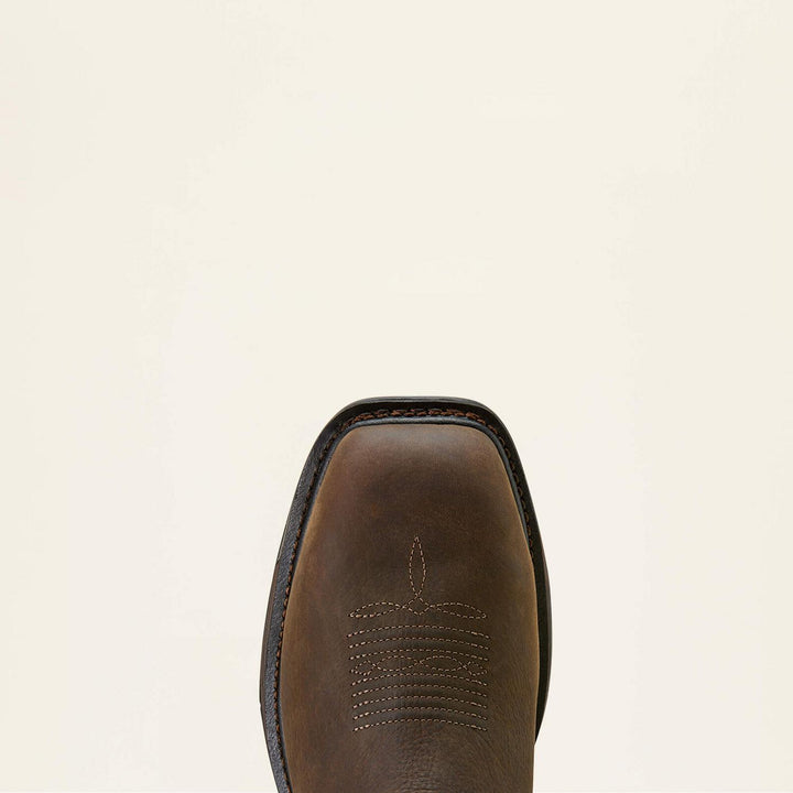 Top-down view of the Ariat WorkHog XT wide square toe in brown leather, showing the stitched toe detail